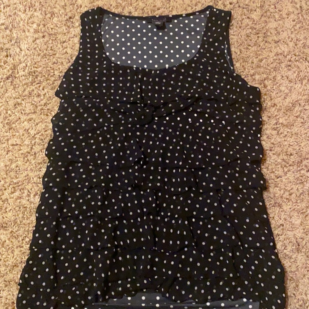 WHBM black tank top with ruffles and white dots